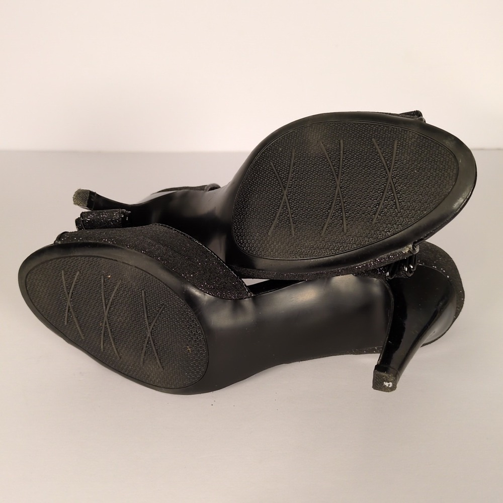 IMPO VTG‎ Black Heels SZ 7 Patent Leather Glitter Open Toe Bow Accent Pumps - Picture 7 of 8